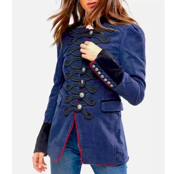 Free People Velvet Military Band Jacket Navy Blue Structured Statement Luxe S - Picture 7 of 14